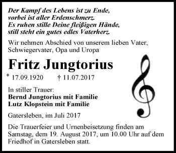 Traueranzeige von Fritz Jungtorius von Mitteldeutsche Zeitung Aschersleben