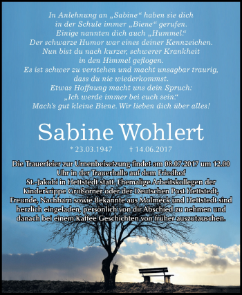 Traueranzeige von Sabine Wohlert von Wochenspiegel Mansfelder Land