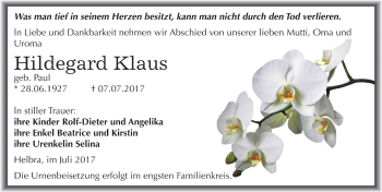 Traueranzeige von Hildegard Klaus von Mitteldeutsche Zeitung Mansfelder Land