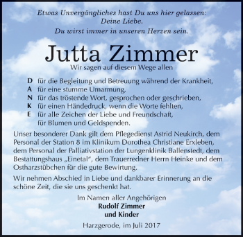 Traueranzeige von Jutta Zimmer von Mitteldeutsche Zeitung Quedlinburg