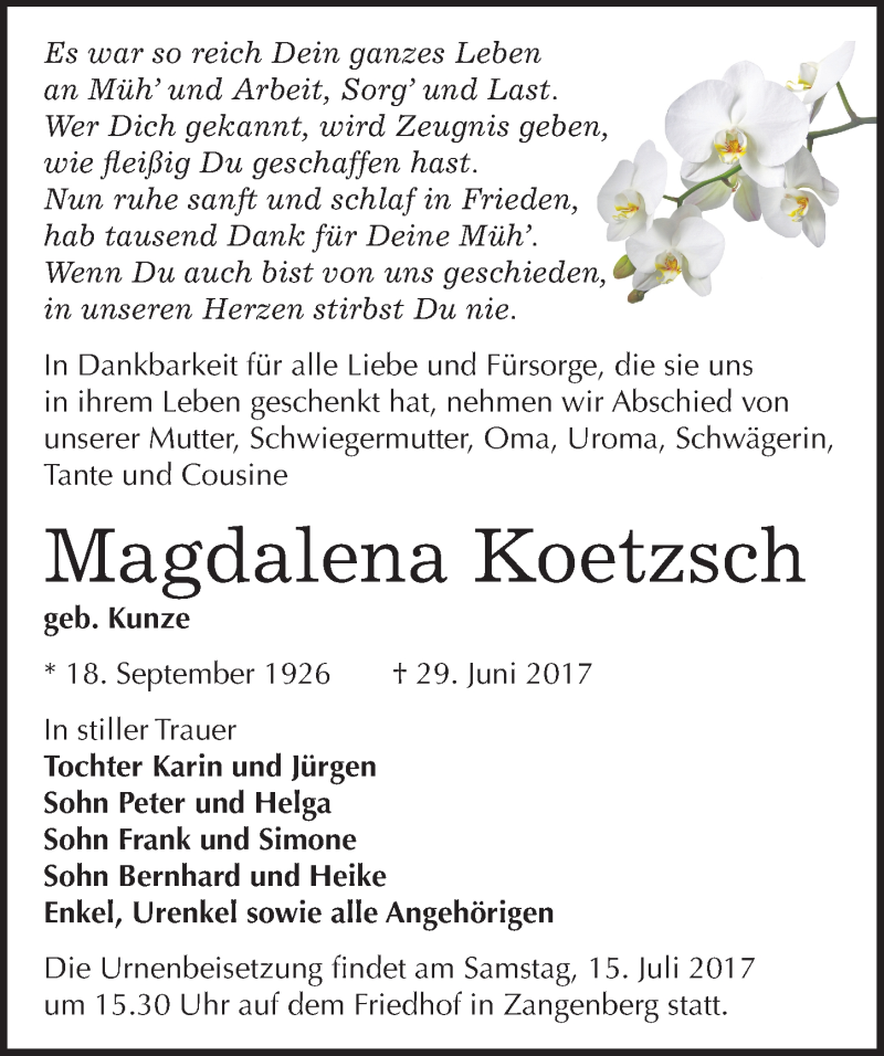  Traueranzeige für Magdalena Koetzsch vom 08.07.2017 aus Mitteldeutsche Zeitung Zeitz