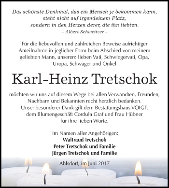 Traueranzeige von Karl-Heinz Tretschok von Wochenspiegel Mansfelder Land