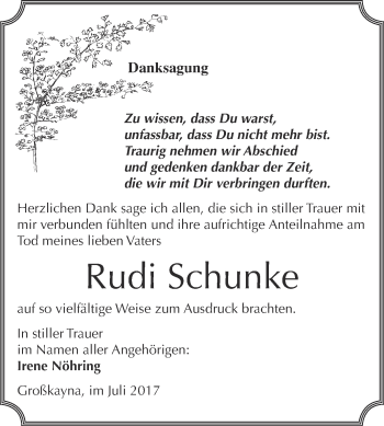 Traueranzeige von Rudi Schunke von WVG - Wochenspiegel Merseburg