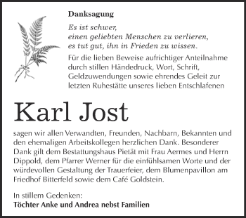 Traueranzeige von Karl Jost von WVG - Wochenspiegel Bitterfeld