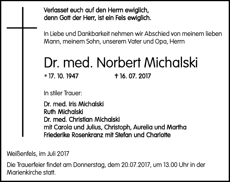  Traueranzeige für Norbert Michalski vom 18.07.2017 aus Mitteldeutsche Zeitung Weißenfels