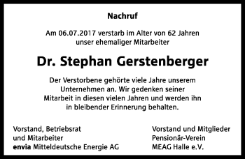 Traueranzeige von Stephan Gerstenberger von Mitteldeutsche Zeitung Halle/Saalkreis