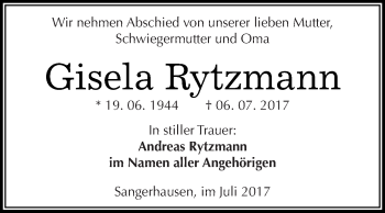 Traueranzeige von Gisela Rytzmann von WVG - Wochenspiegel SGH