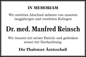 Traueranzeige von Manfred Reinsch von WVG - Wochenspiegel Quedlinburg