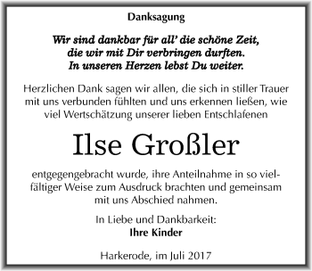 Traueranzeige von Ilse Großler von Mitteldeutsche Zeitung Mansfelder Land