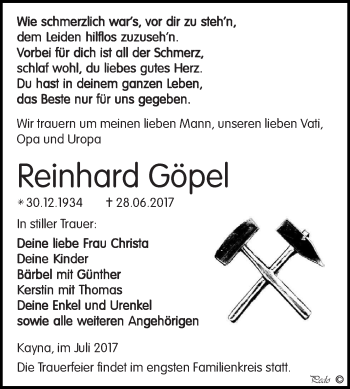 Traueranzeige von Reinhard Göpel von Super Sonntag Zeitz