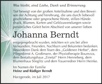 Traueranzeige von Johanna Berndt von Super Sonntag Quedlinburg