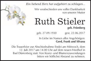 Traueranzeige von Ruth Stieler von WVG - Wochenspiegel Merseburg