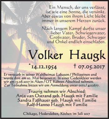 Traueranzeige von Volker Haugk von Mitteldeutsche Zeitung Köthen