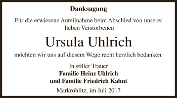 Traueranzeige von Ursula Uhlrich von WVG - Wochenspiegel NMB / WSF / ZTZ