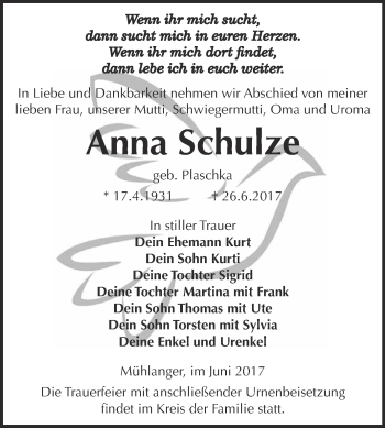 Traueranzeige von Anna Schulze von WVG - Wochenspiegel Wittenberg