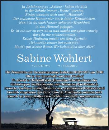 Traueranzeige von Sabine Wohlert von Mitteldeutsche Zeitung Mansfelder Land