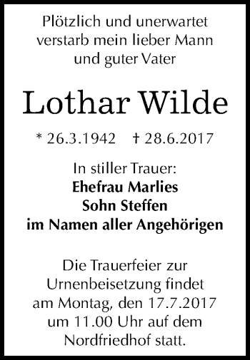 Traueranzeige von Lothar Wilde von Mitteldeutsche Zeitung Halle/Saalkreis