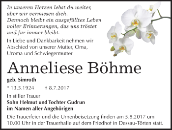 Traueranzeige von Anneliese Böhme von Mitteldeutsche Zeitung Bernburg