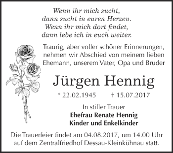Traueranzeige von Jürgen Hennig von WVG - Wochenspiegel Dessau / Köthen