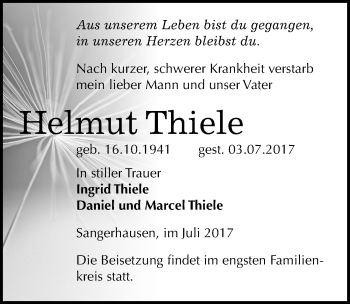 Traueranzeige von Helmut Thiele von Mitteldeutsche Zeitung Sangerhausen