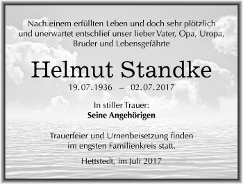 Traueranzeige von Helmut Standke von Mitteldeutsche Zeitung Mansfelder Land