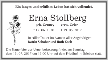 Traueranzeige von Erna Stollberg von Super Sonntag SGH Mansf. Land