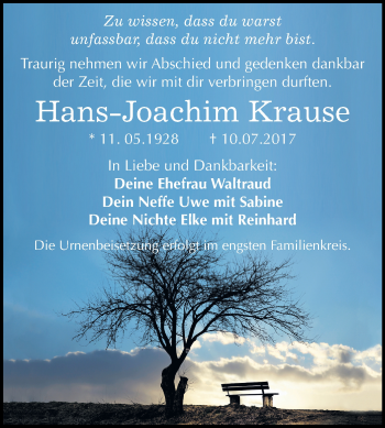Traueranzeige von Hans-Joachim Krause von WVG - Wochenspiegel Bitterfeld
