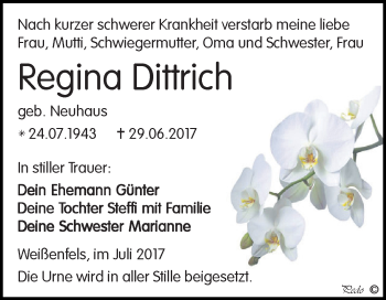 Traueranzeige von Regina Dittrich von WVG - Wochenspiegel NMB / WSF / ZTZ