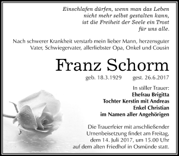 Traueranzeige von Franz Schorm von Mitteldeutsche Zeitung Halle/Saalkreis