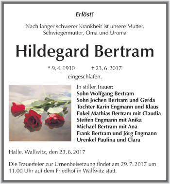 Traueranzeige von Hildegard Bertram von Mitteldeutsche Zeitung Halle/Saalkreis
