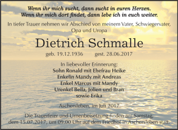 Traueranzeige von Dietrich Schmalle von Super Sonntag Aschersleben