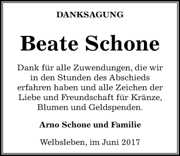 Traueranzeige von Beate Schone von Mitteldeutsche Zeitung Aschersleben
