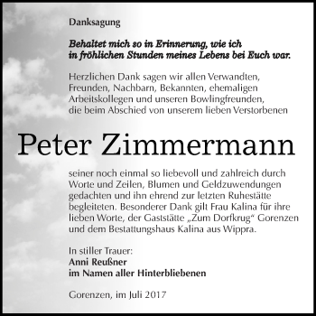 Traueranzeige von Peter Zimmermann von Super Sonntag SGH Mansf. Land