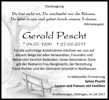 Traueranzeige von Gerald Pescht von Mitteldeutsche Zeitung Sangerhausen