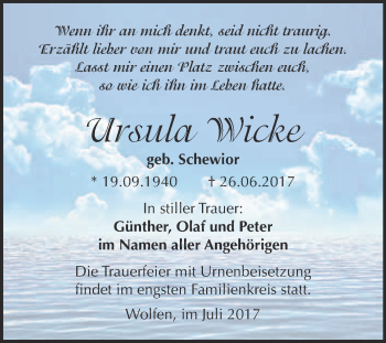 Traueranzeige von Ursula Wicke von WVG - Wochenspiegel Bitterfeld