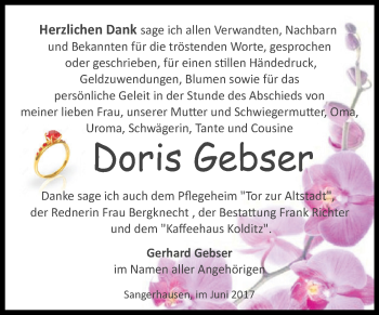 Traueranzeige von Doris Gebser von Super Sonntag SGH Mansf. Land