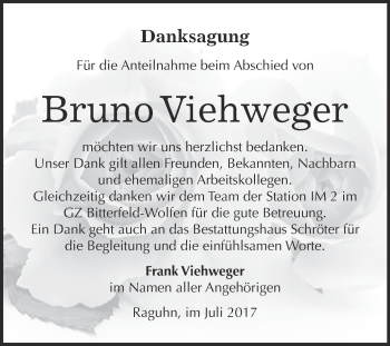 Traueranzeige von Bruno Viehweger von WVG - Wochenspiegel Bitterfeld