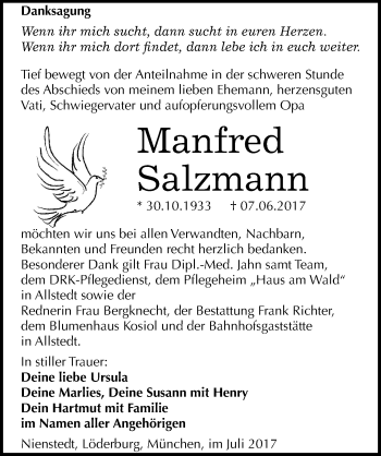 Traueranzeige von Manfred Salzmann von Mitteldeutsche Zeitung Sangerhausen