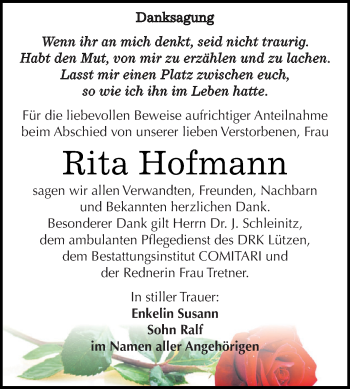 Traueranzeige von Rita Hofmann von WVG - Wochenspiegel NMB / WSF / ZTZ