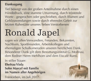 Traueranzeige von Ronald Japel von WVG - Wochenspiegel Merseburg