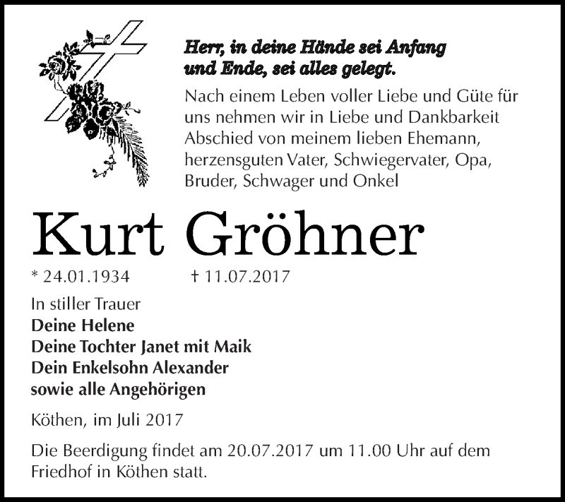  Traueranzeige für Kurt Gröhner vom 19.07.2017 aus WVG - Wochenspiegel Dessau / Köthen