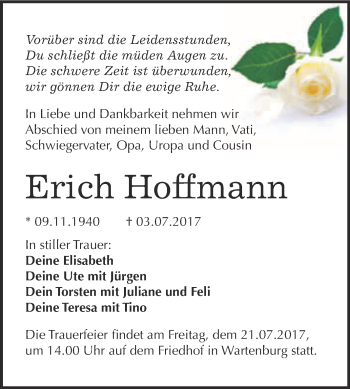 Traueranzeige von Erich Hoffmann von WVG - Wochenspiegel Wittenberg