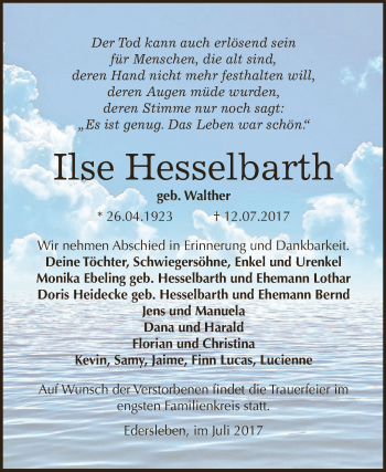 Traueranzeige von Ilse Hesselbarth von Super Sonntag SGH Mansf. Land