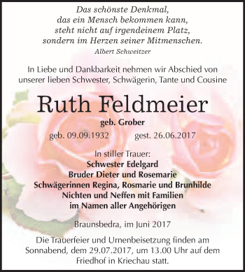 Traueranzeige von Ruth Feldmeier von WVG - Wochenspiegel Merseburg