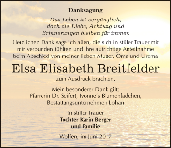 Traueranzeige von Elsa Elisabeth Breitfelder von Mitteldeutsche Zeitung Bitterfeld