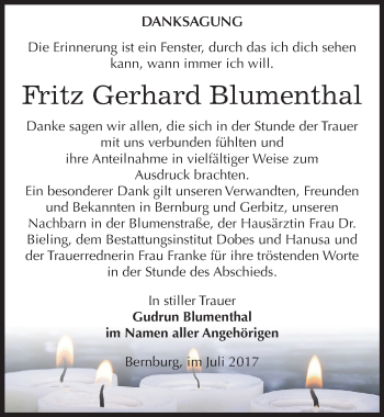 Traueranzeige von Fritz Gerhard Blumenthal von Mitteldeutsche Zeitung Bernburg
