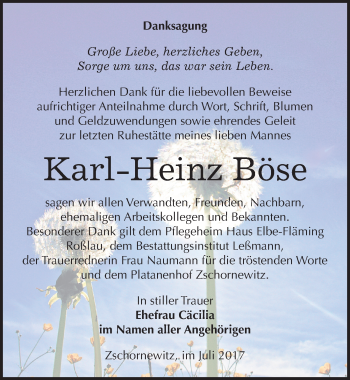 Traueranzeige von Karl-Heinz Böse von Mitteldeutsche Zeitung Wittenberg