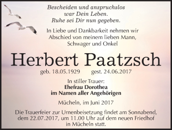 Traueranzeige von Herbert Paatzsch von Mitteldeutsche Zeitung Merseburg/Querfurt