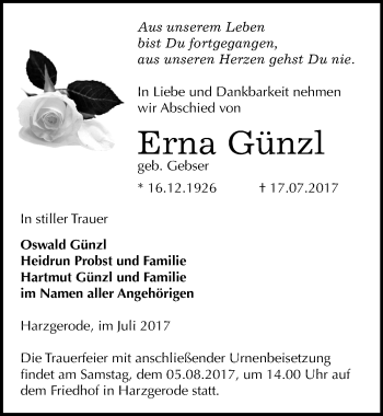 Traueranzeige von Erna Günzl von Mitteldeutsche Zeitung Sangerhausen