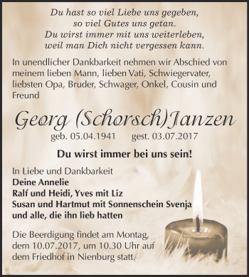 Traueranzeige von Georg Janzen von Super Sonntag Bernburg